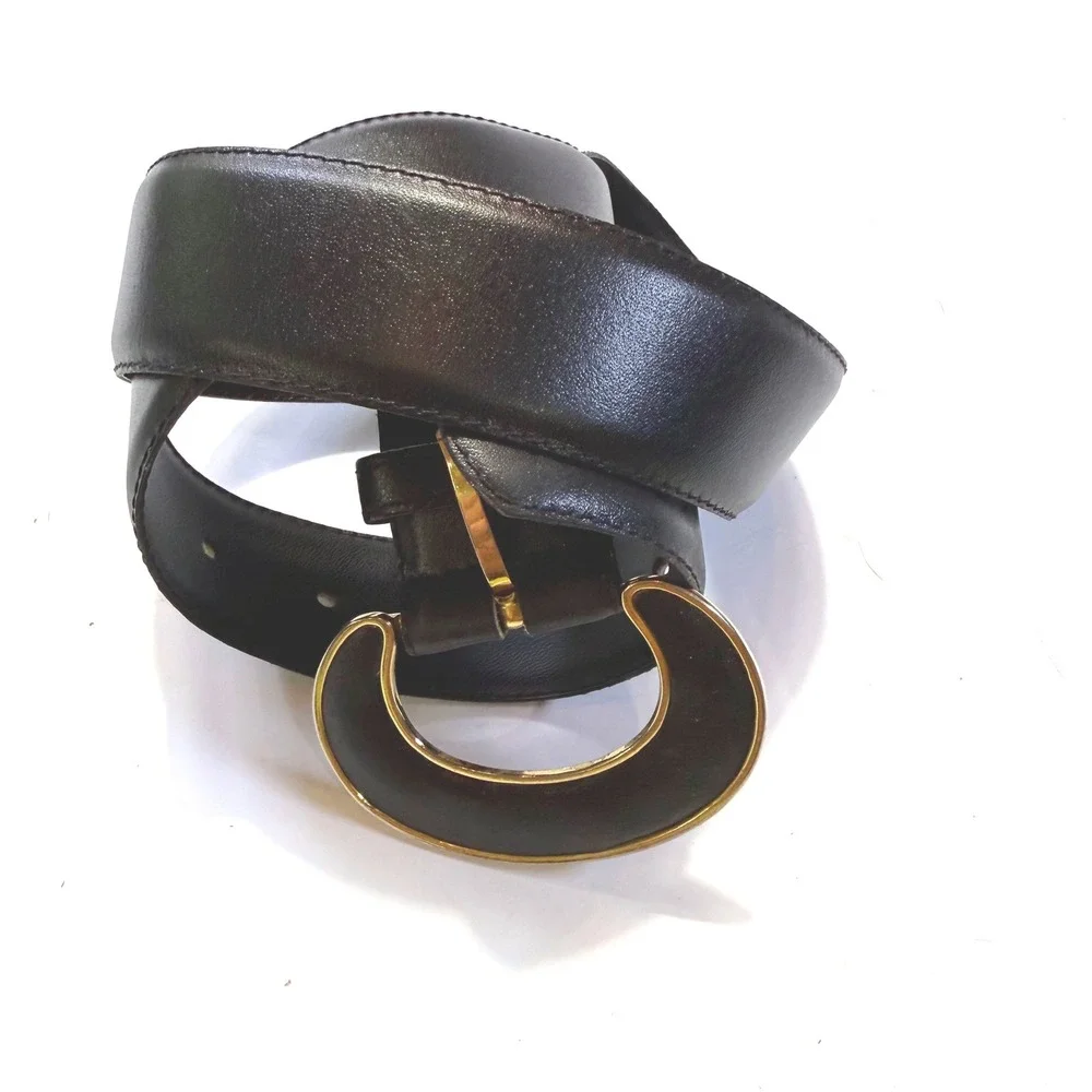 Paul Harris Vintage Black Leather Belt Gold Crescent Buckle Wide Statement Med